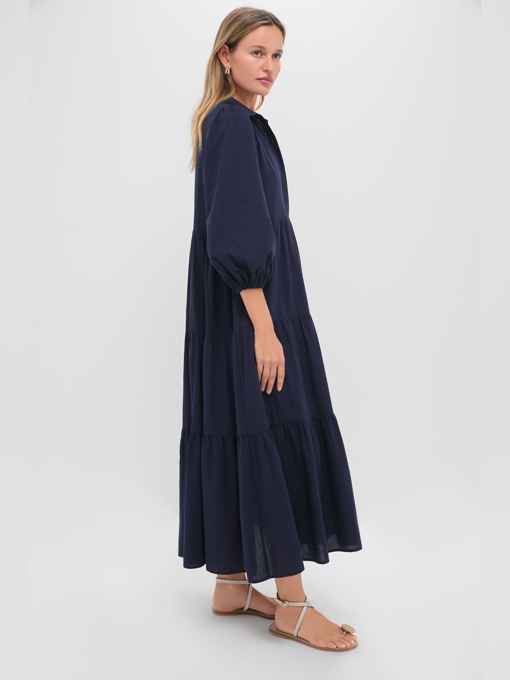 Pomander Place Mabel 100% Cotton Puff Sleeve Midi Maxi Dress, Navy Blue, Size M - Picture 8 of 13
